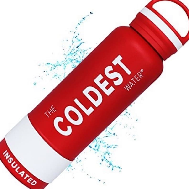 Red Coldest bottle floating in a pool