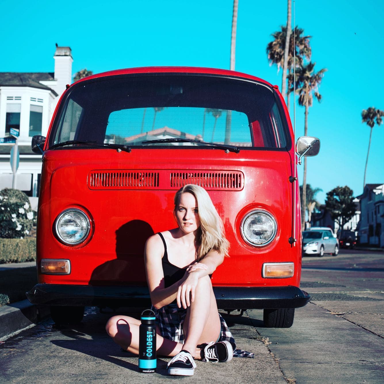 Coldest bottle on a road trip in a vintage van